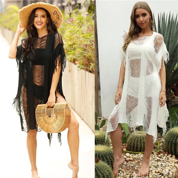 🌸 FRINGE COVER BEACH MIDI SLEEVE SHEER LOOSE GRUNGE BOHO CHIC BOHEMIAN SEXY - Picture 3 of 10
